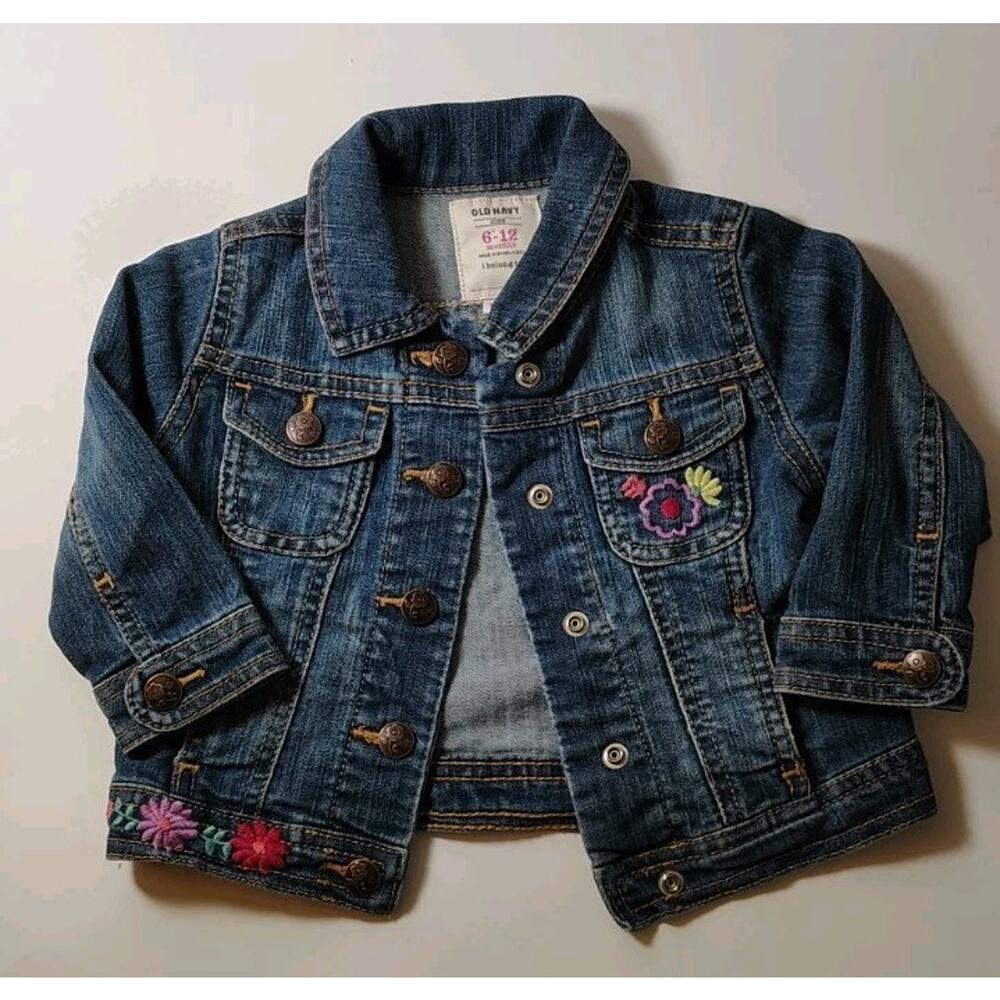Old Navy Jeans Jacket Coat Size 6-12 Months Infant Girls Embroidered Flowers Euc